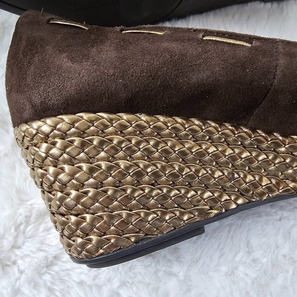 Lauren Ralph Lauren Cambree Chocolate Suede Gold Metallic Wedge Shoes Size 7 - Picture 6 of 16